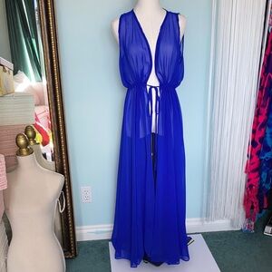 Sheer Royal Blue Women's Swim Coverup Maxi with Tie Waist